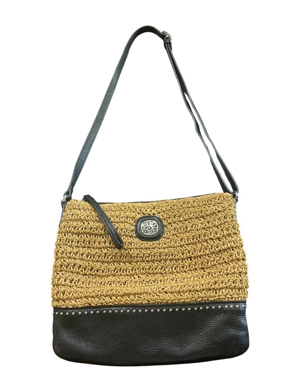 Brighton Black Leather & Straw Crossbody Bag With Adjustable Strap 10x8